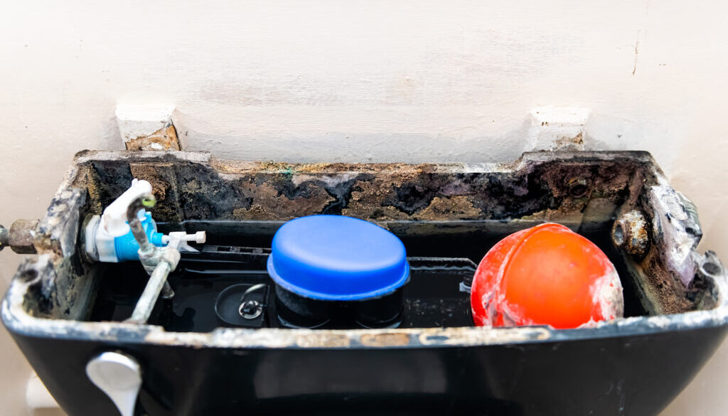 Open inside broken toilet closeup with rust soiled dirty old material object pump and water in small bathroom in London, United Kingdom