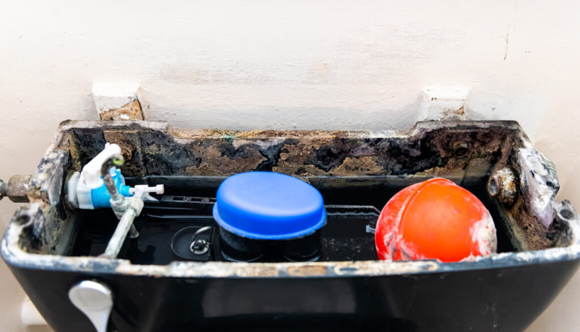Open inside broken toilet closeup with rust soiled dirty old material object pump and water in small bathroom in London, United Kingdom