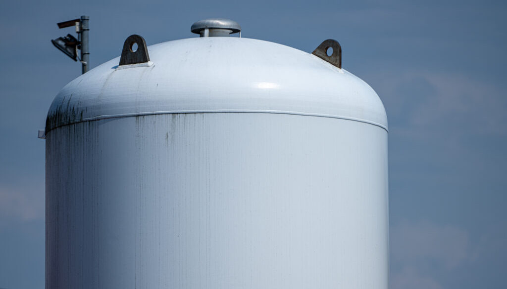 Top of large white metal gas tank..