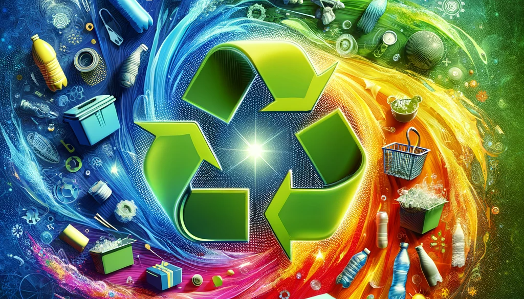 DALL·E 2023-11-20 14.29.27 - A visually striking image that creatively illustrates the recycling of plastic, perfect for a blog header. The focal point is a dynamic, colorful coll