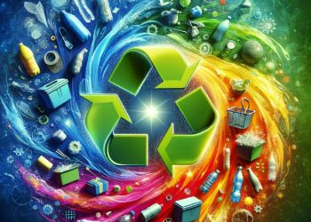 DALL·E 2023-11-20 14.29.27 - A visually striking image that creatively illustrates the recycling of plastic, perfect for a blog header. The focal point is a dynamic, colorful coll