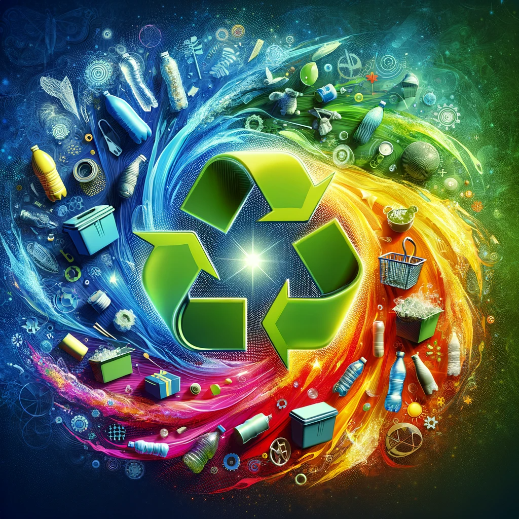 DALL·E 2023-11-20 14.29.27 - A visually striking image that creatively illustrates the recycling of plastic, perfect for a blog header. The focal point is a dynamic, colorful coll