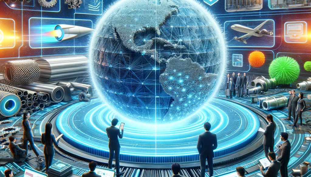 DALL·E 2023-11-20 15.23.10 - A futuristic image showcasing the integration of FRP (Fiber Reinforced Plastics) materials and ChatGPT for customer support. In the center, there's a