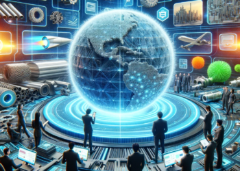 DALL·E 2023-11-20 15.23.10 - A futuristic image showcasing the integration of FRP (Fiber Reinforced Plastics) materials and ChatGPT for customer support. In the center, there's a