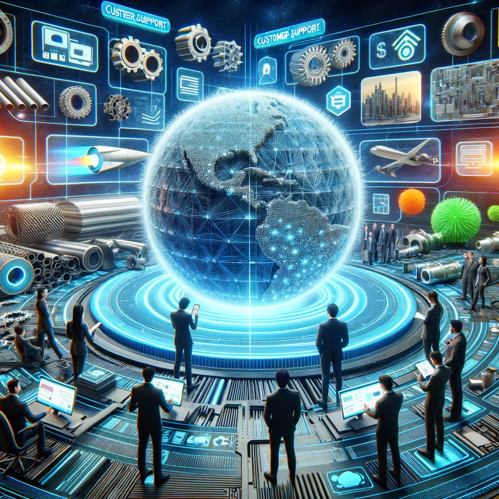 DALL·E 2023-11-20 15.23.10 - A futuristic image showcasing the integration of FRP (Fiber Reinforced Plastics) materials and ChatGPT for customer support. In the center, there's a