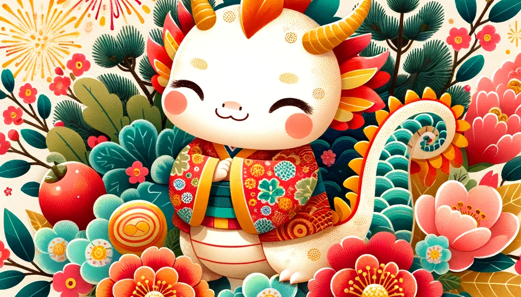 DALL·E 2023-12-28 14.01.02 - A more adorable and colorful New Year's celebration-themed illustration for a company blog, with the texture of Japanese washi paper. The centerpiece