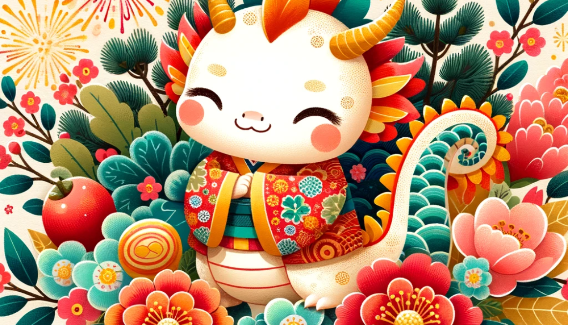 DALL·E 2023-12-28 14.01.02 - A more adorable and colorful New Year's celebration-themed illustration for a company blog, with the texture of Japanese washi paper. The centerpiece